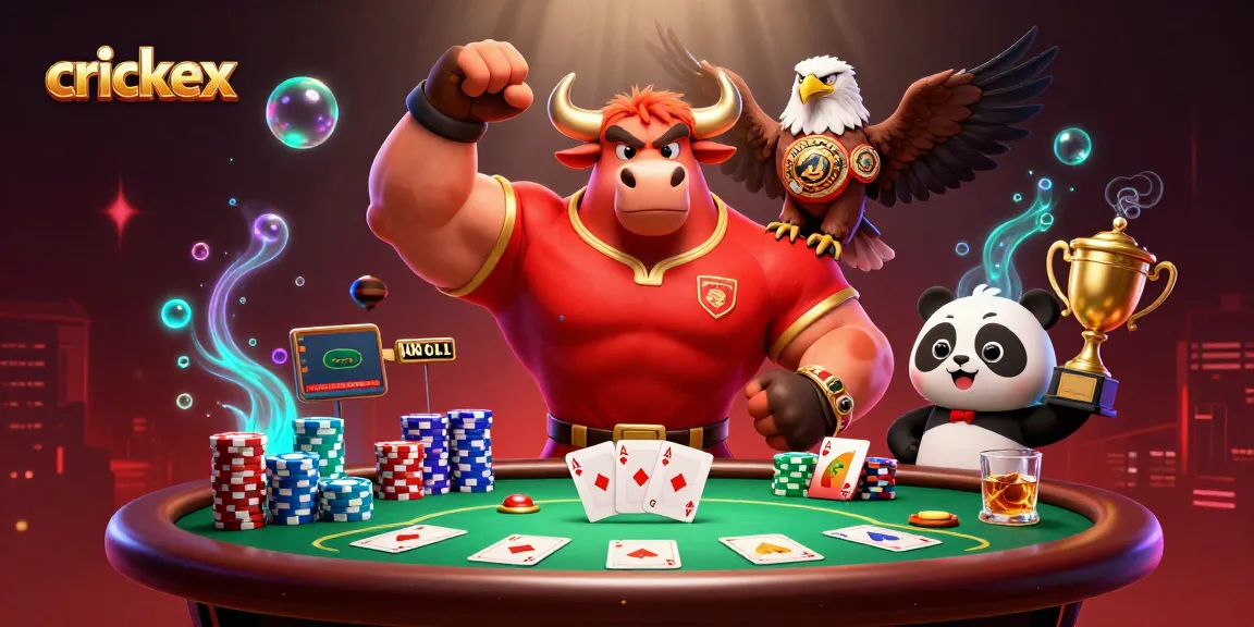 Engage in thrilling gameplay at Crickex with a dynamic illustration of a bull mascot, eagle, and panda.