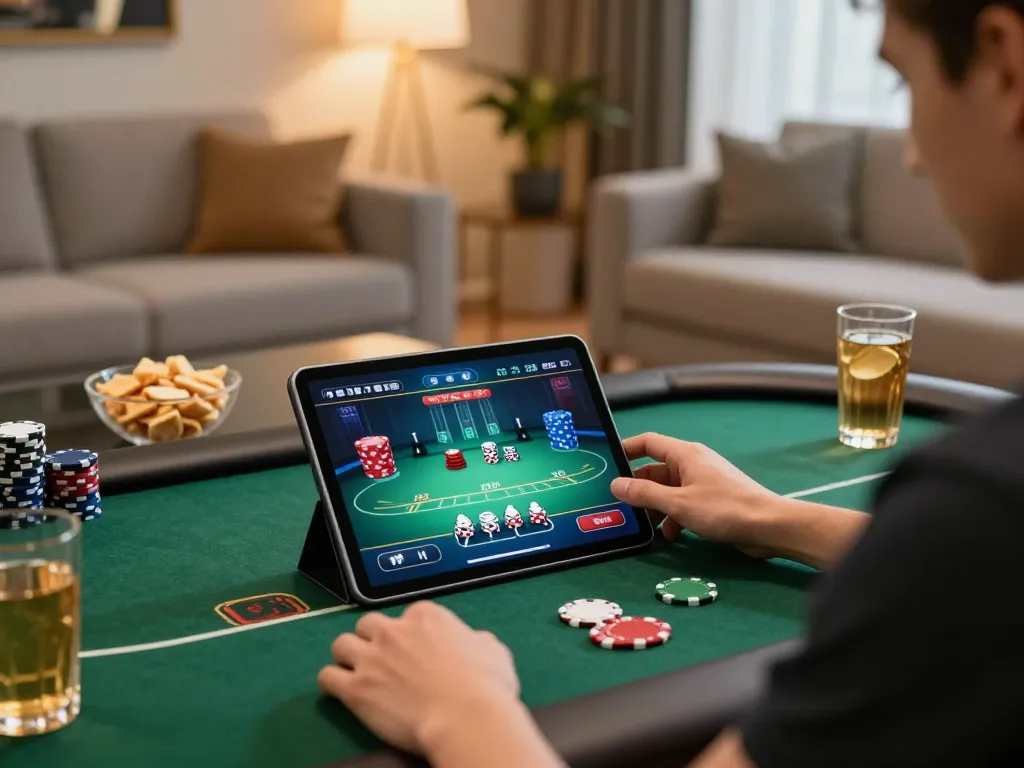 Engaging online gaming moment at Trang Chủ O8 with player using tablet for casino action.