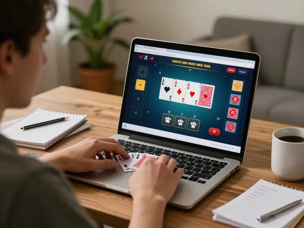 Player engaging in MMOO live poker game on laptop, enjoying a cozy home atmosphere