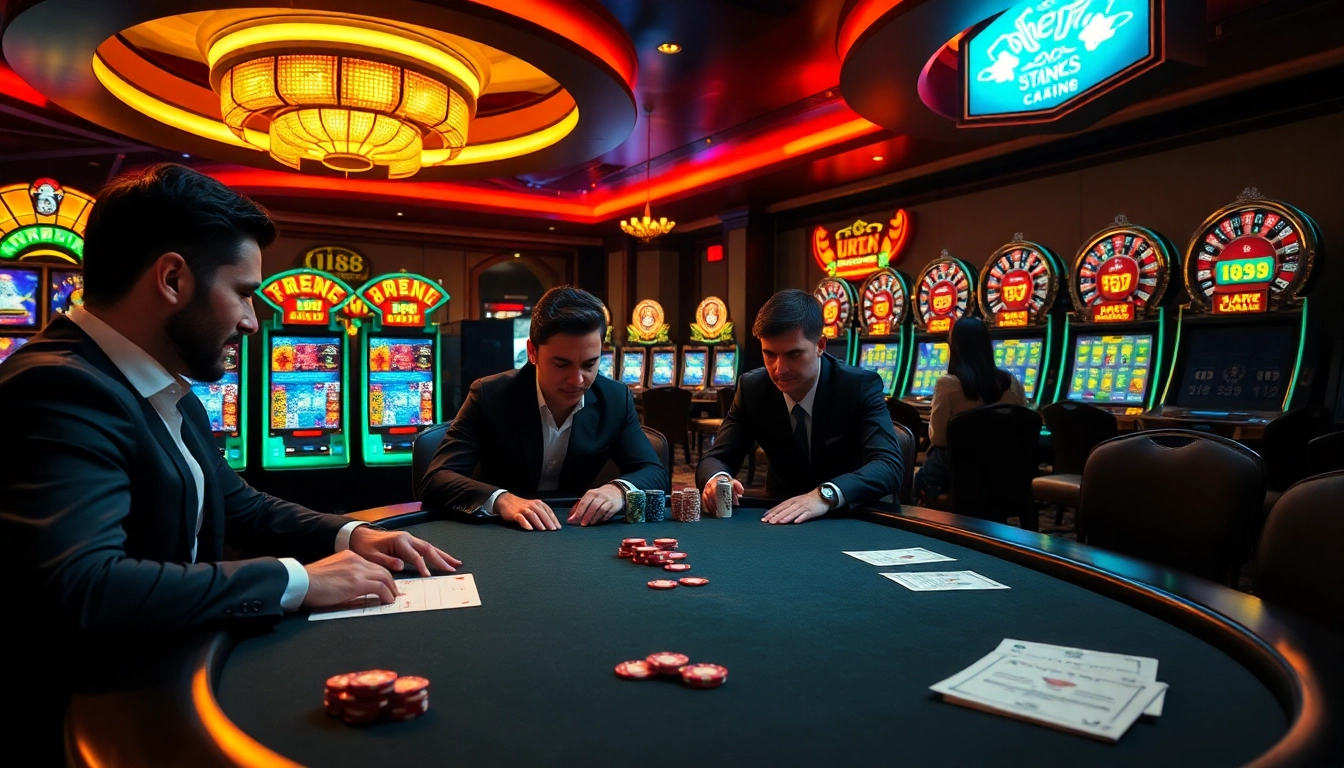 Exciting poker game at UU88 casino with players and vibrant slot machines.