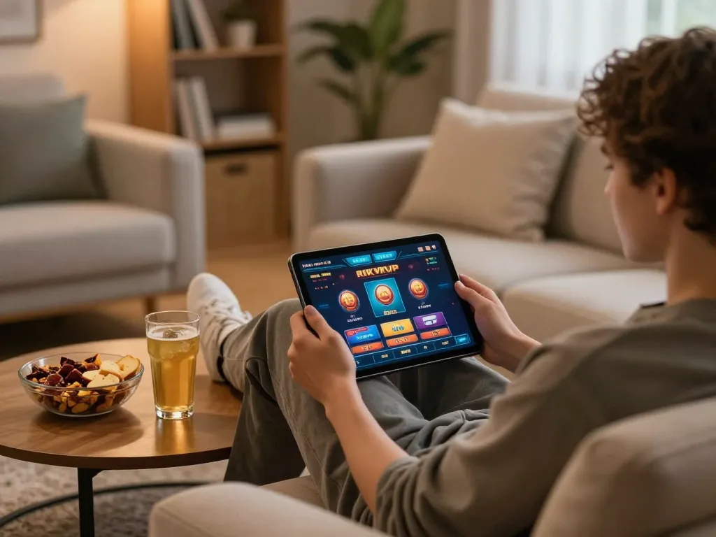 Engaged player enjoying RIKVIP online casino on tablet in a cozy home setting