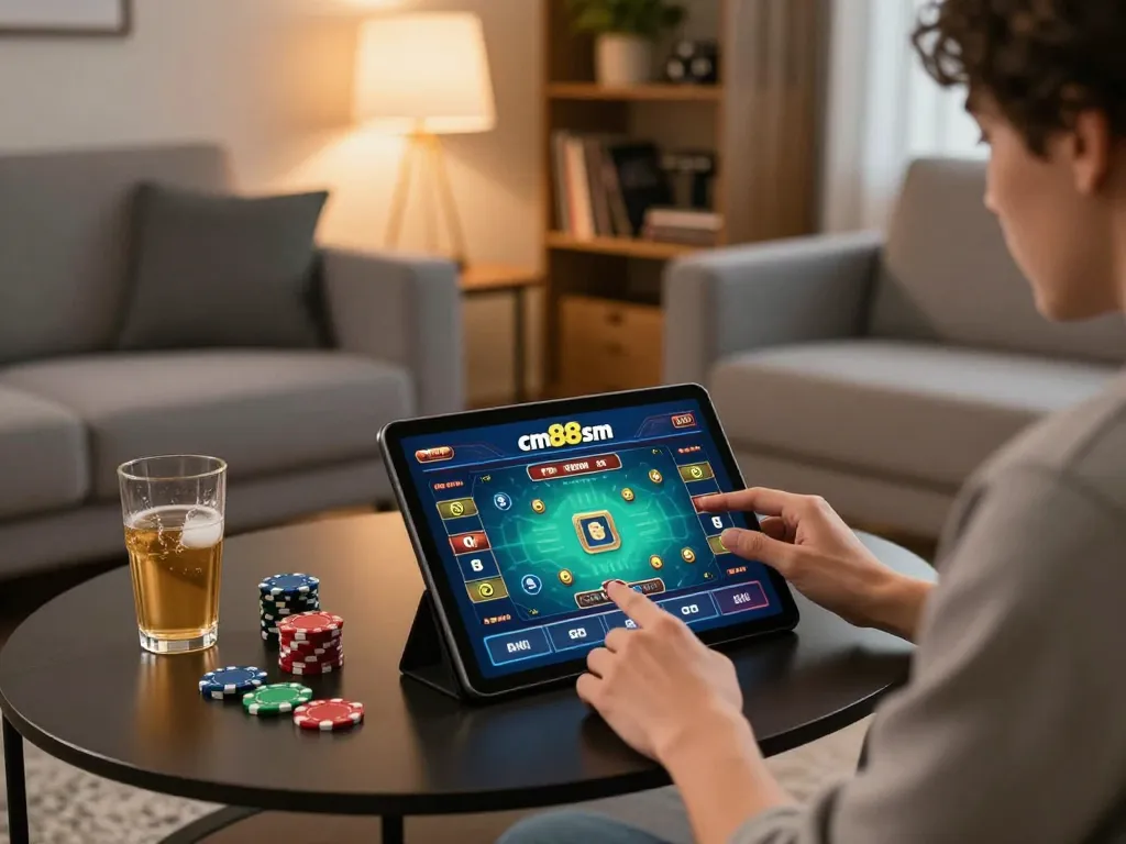 Player engaging with cm88sm com on a tablet in a cozy home environment during a gaming session.