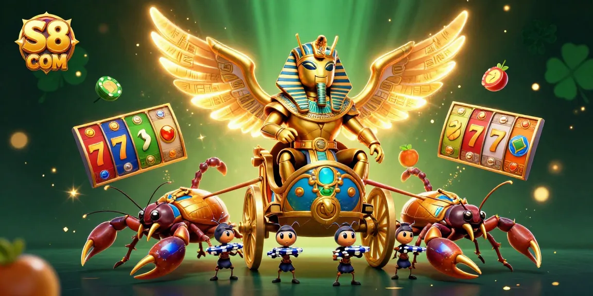 Engage with S8 COM in an enchanting casino scene featuring vibrant characters and dynamic slot game elements.