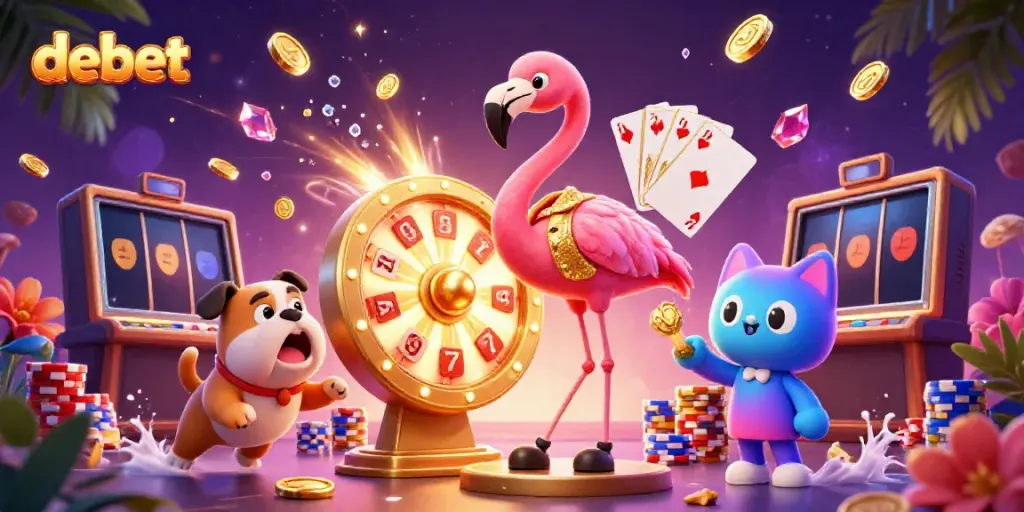 Engaging scene with debet game show characters celebrating wins amid casino elements and colorful prizes.