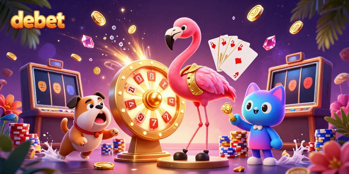 Engaging scene with debet game show characters celebrating wins amid casino elements and colorful prizes.