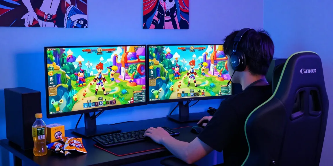Engaging scene of a player immersed in hentai games online with colorful fantasy graphics and gaming setup.