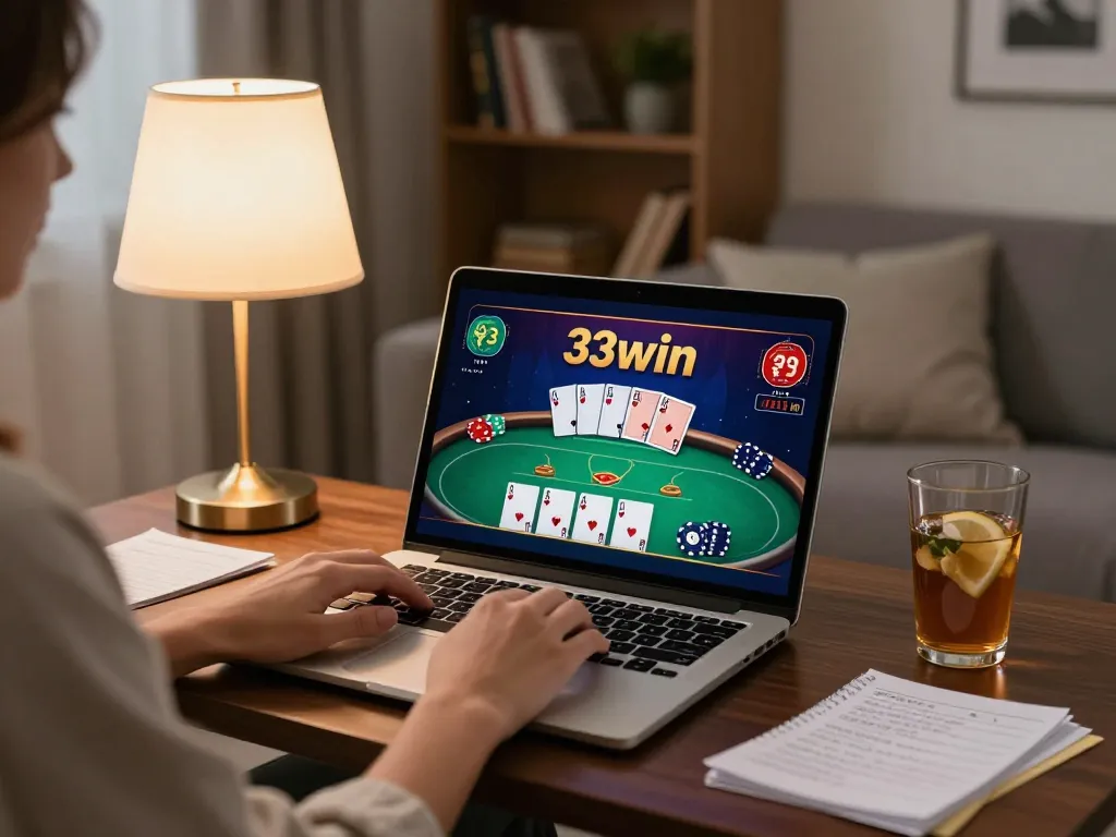 Engaging online poker session on 33win showcased in a cozy living room environment