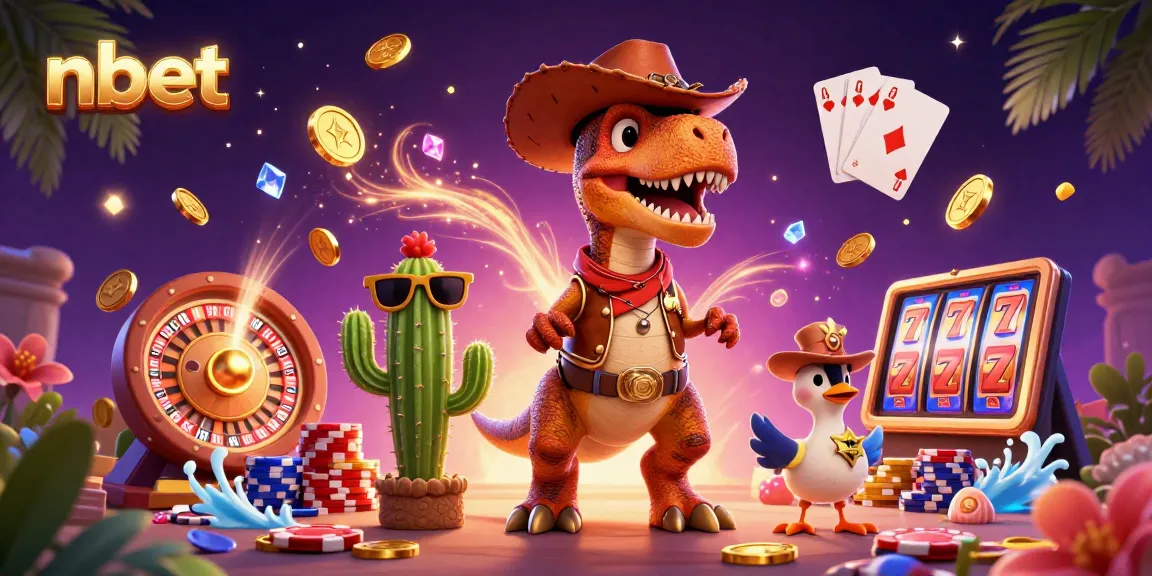 Experience thrilling nbet gaming action with a vibrant T-Rex cowboy and casino elements.