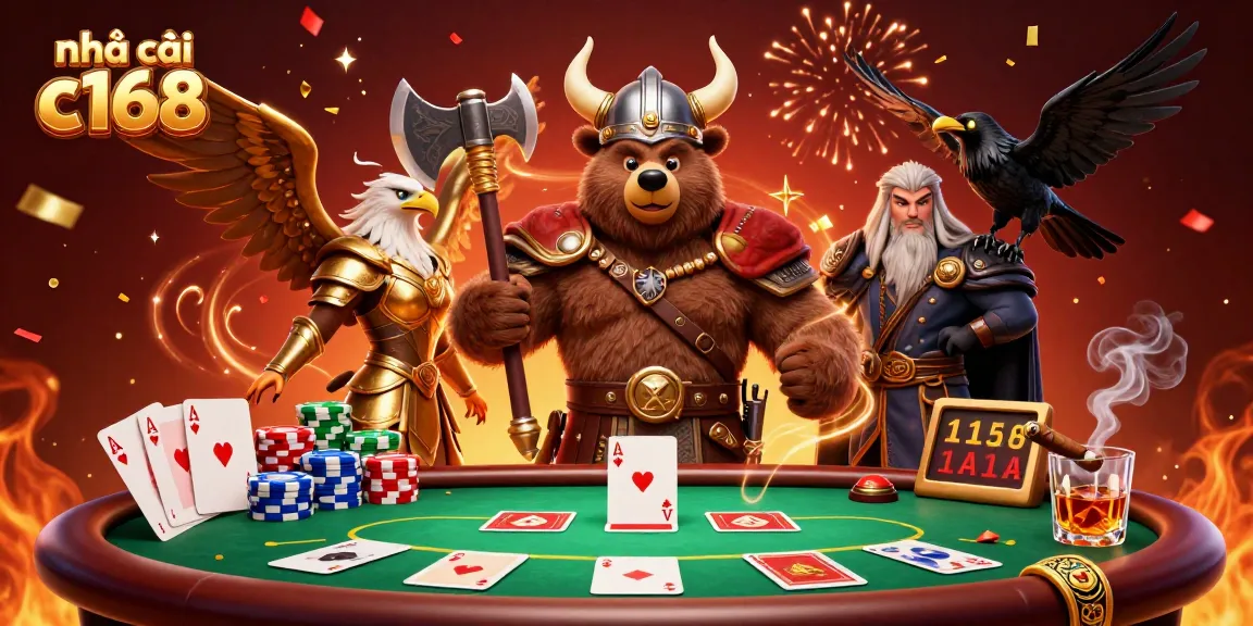 Engage with nhà cái c168 in a vibrant casino scene with Viking bear, eagle, and poker elements.