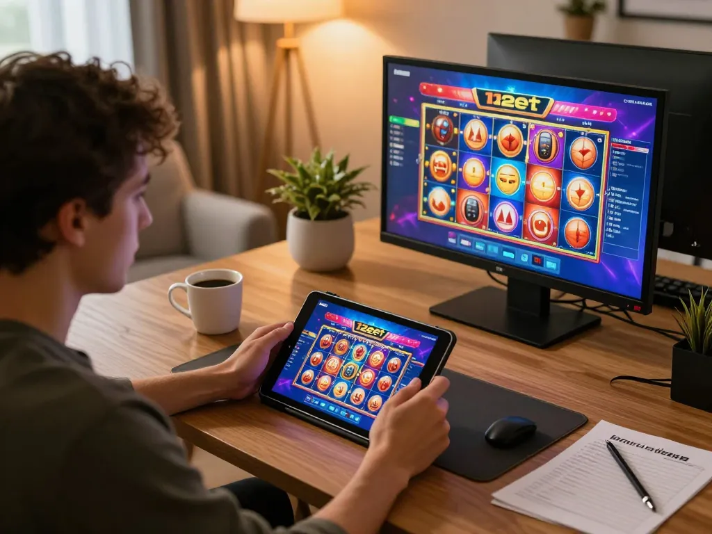 Player enjoying 12bet gaming experience on tablet in cozy home setting, immersed in casino action.