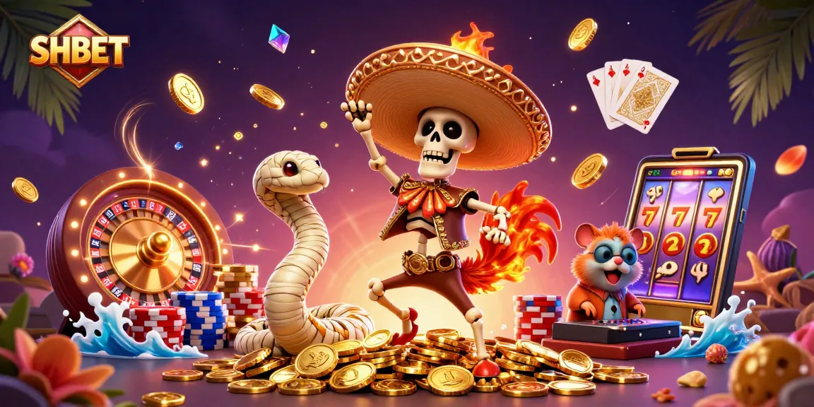 Engage in thrilling action with SHBET amidst a vibrant 3D casino scene featuring unique characters and dynamic game elements.
