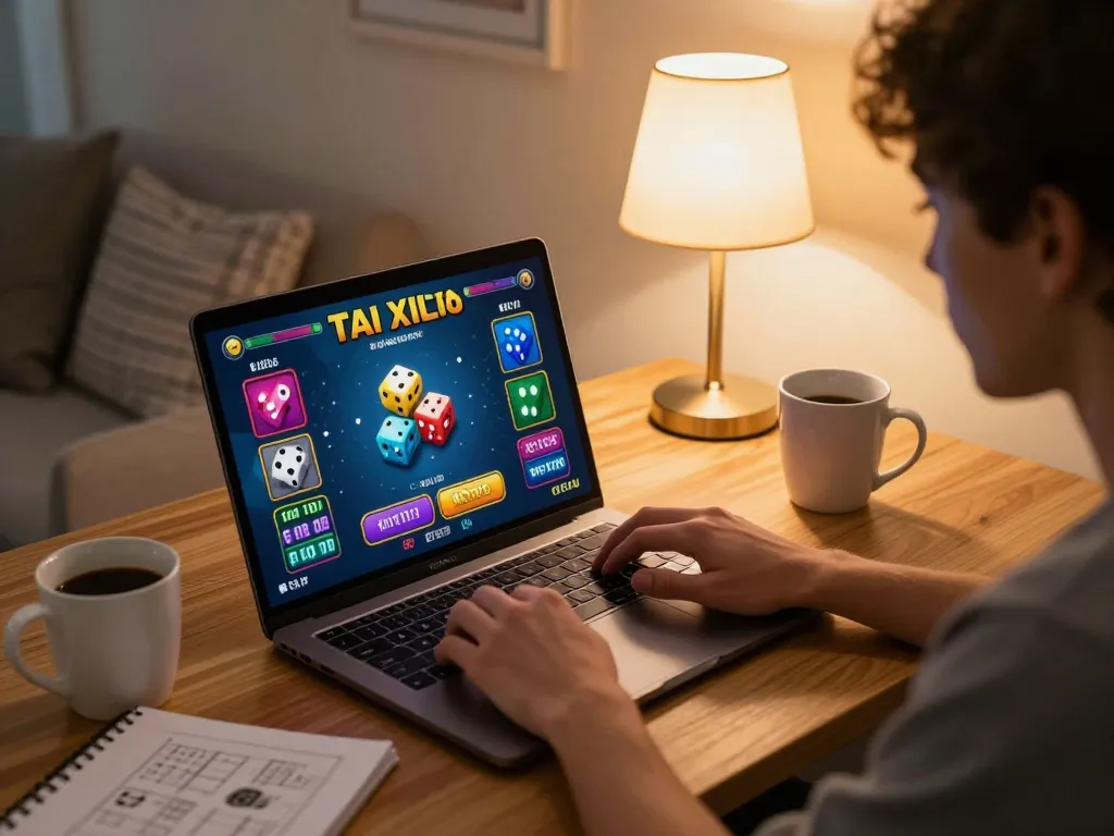 Engaging gameplay of tai xiu online showcased on laptop in cozy home setting with warm ambiance.