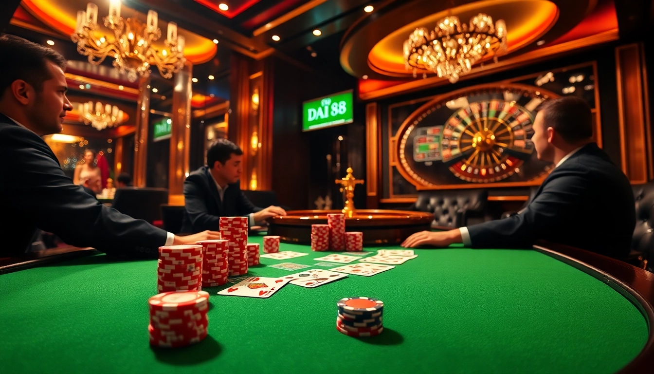 Engage with DA 88 high-stakes poker action in a luxurious casino setting with vibrant cards and chips.