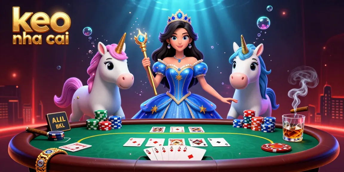 Engage with keo nha cai through a vibrant 3D scene featuring a poker game and enchanting characters.
