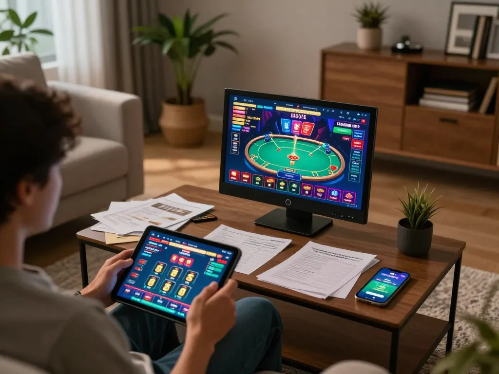 Xoilac online poker gameplay session on tablet with strategy notes in cozy home setting