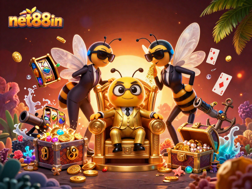 Experience the excitement at net88in with this rich illustration of a bumblebee mob boss in a thrilling casino scene.