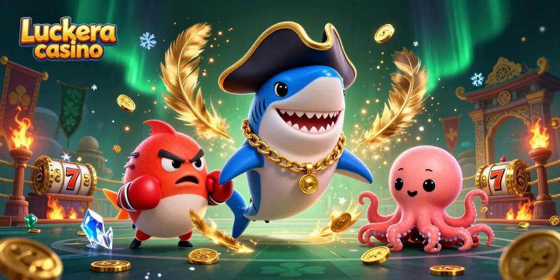 Experience excitement at Luckera casino with 3D cartoon characters and vibrant casino elements.