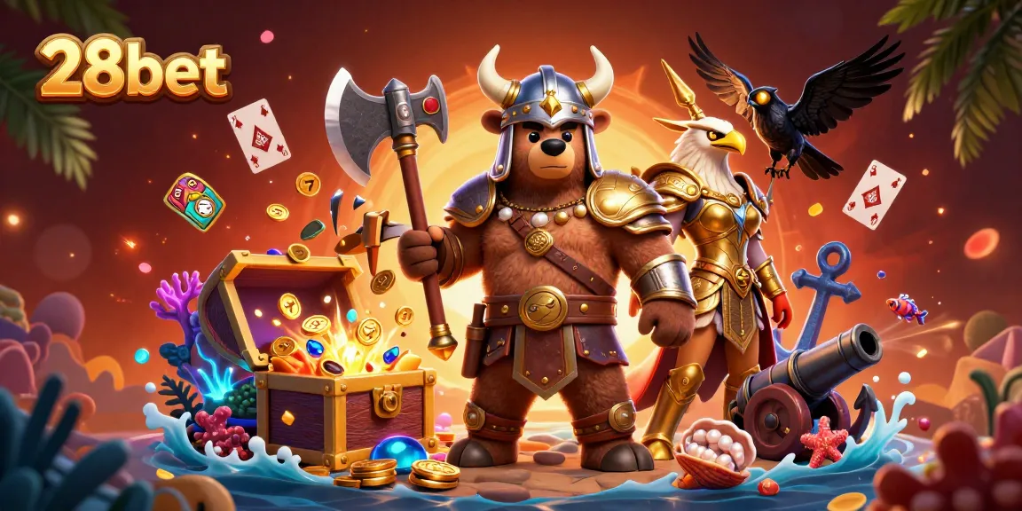 Experience thrilling action with 28bet in this vibrant 3D casino illustration featuring colorful slots, gold coins, and dynamic characters.