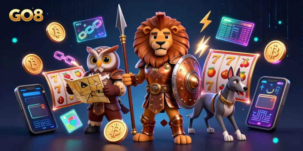 GO8 casino-themed illustration featuring a heroic Spartan lion and characters surrounded by slot machines and cryptocurrency.