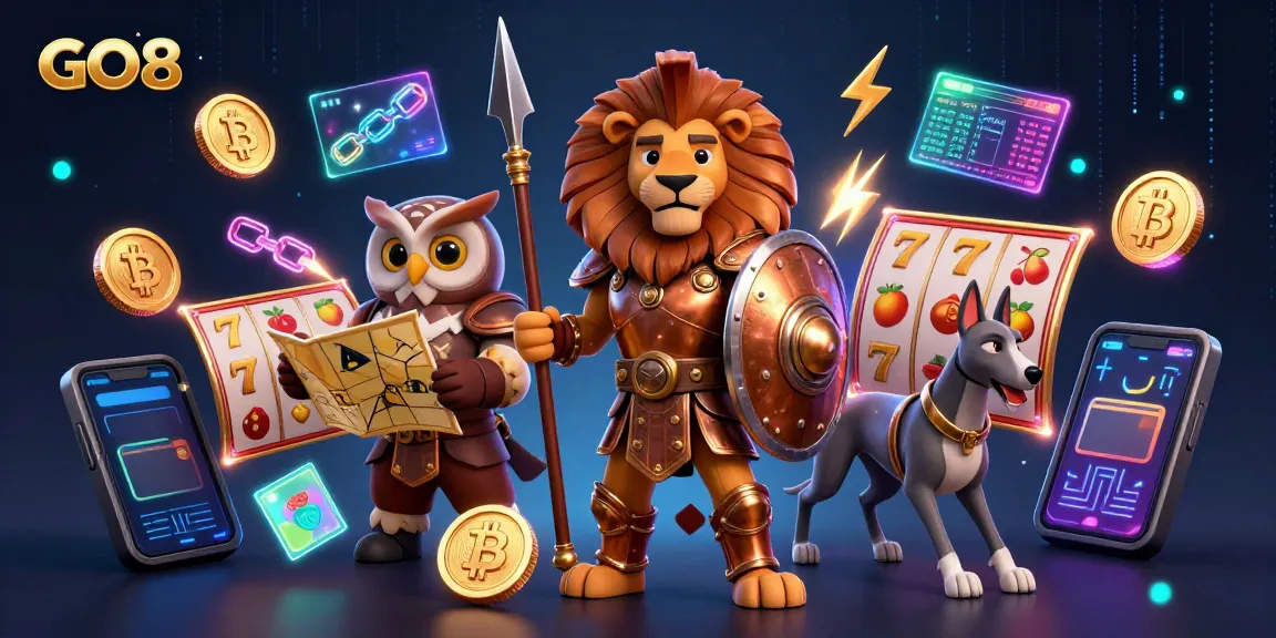 GO8 casino-themed illustration featuring a heroic Spartan lion and characters surrounded by slot machines and cryptocurrency.