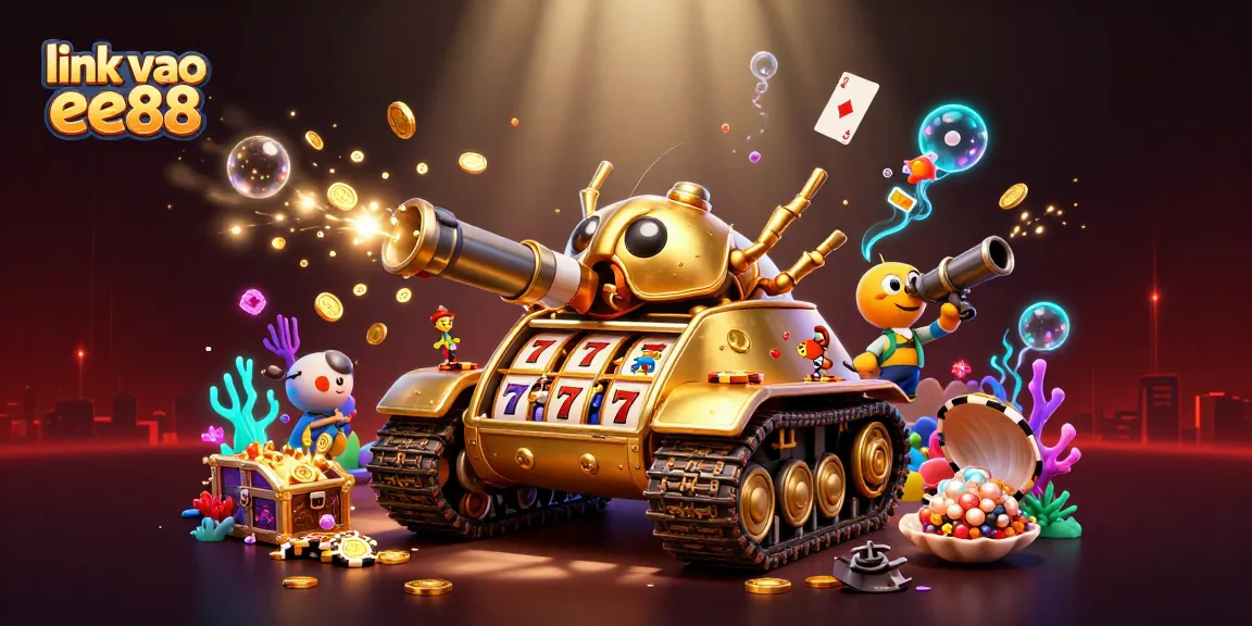 Link vao ee88 showcased with a dynamic 3D illustration of a golden beetle tank revealing a tiny casino.