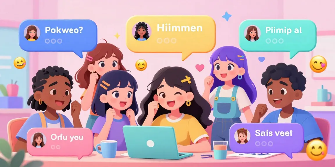 Interactive scene with diverse characters engaging in ai ecchi chat, showcasing vibrant digital environment and playful emoji.