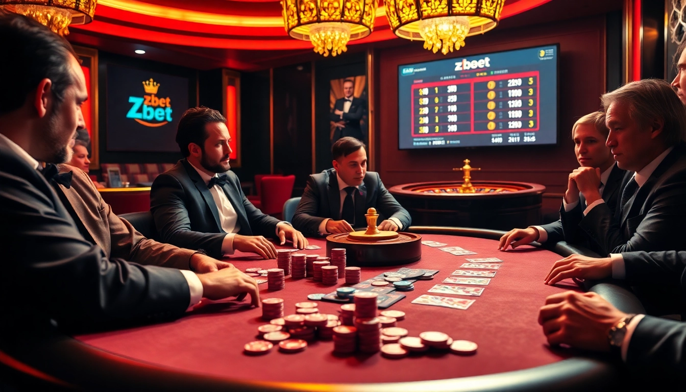 Zbet gamblers in action at a vibrant poker table with chips and cards.