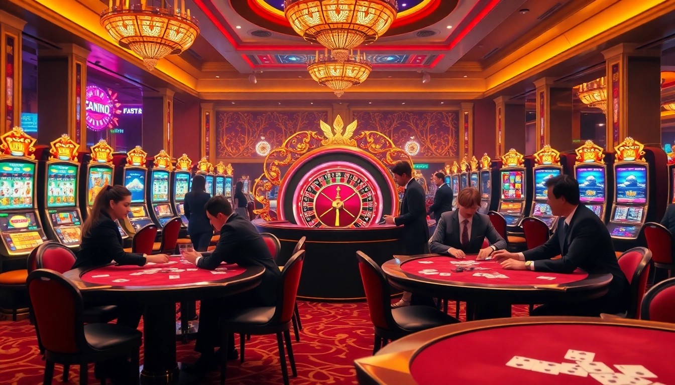 Experience immersive action at okfun.com with players enjoying high-stakes poker in a luxurious casino.