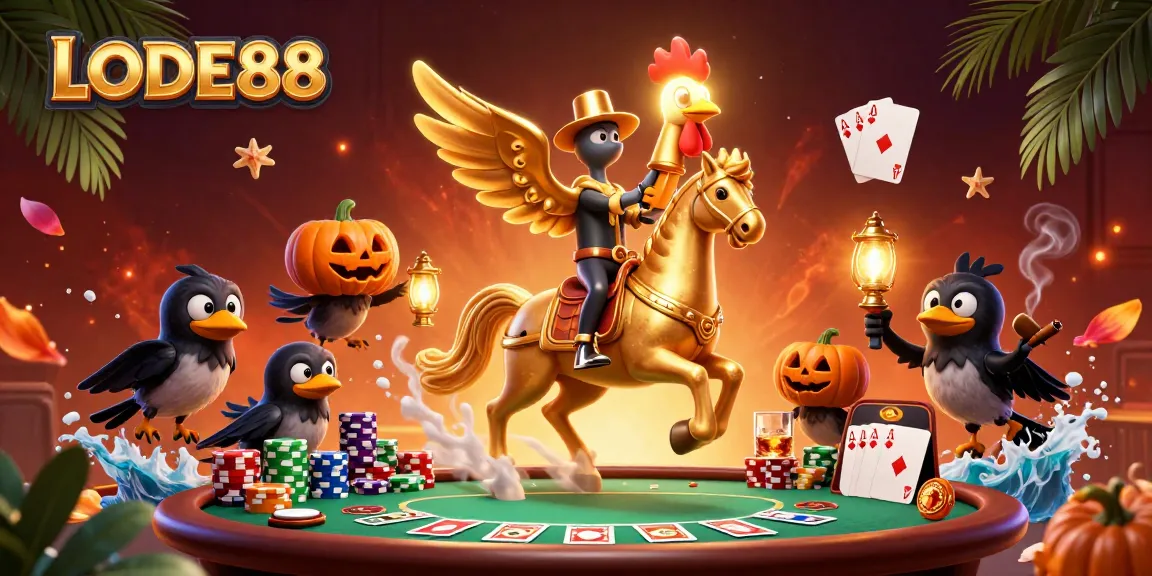 Join the fun with LODE88 as the golden rooster and friends play poker in a vibrant casino scene.