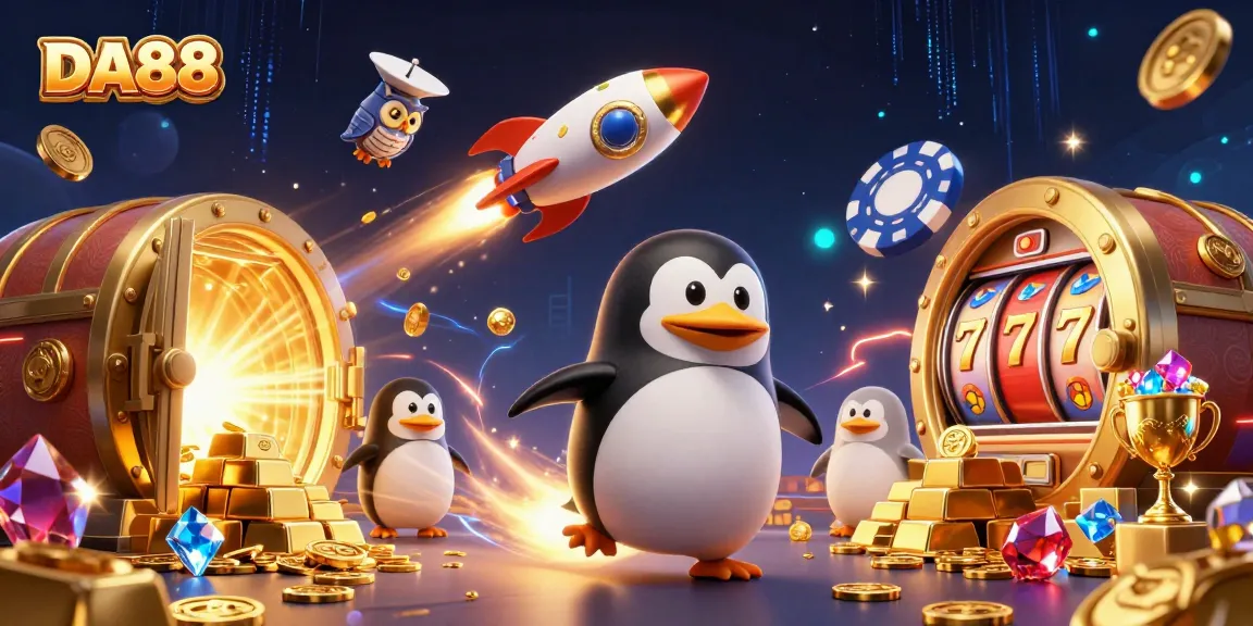 DA88 animated characters celebrating jackpot wins with vibrant 3D illustration of casino treasures