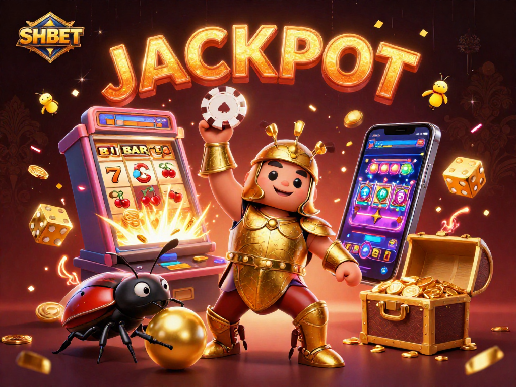 Experience the thrill of SHBET with a 3D cartoon beetle championing a jackpot win among dazzling casino elements.