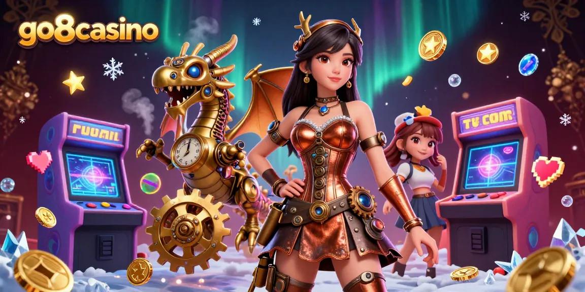 Experience the excitement of go8casino with a vibrant 3D illustration featuring characters, arcade games, and dynamic casino elements.
