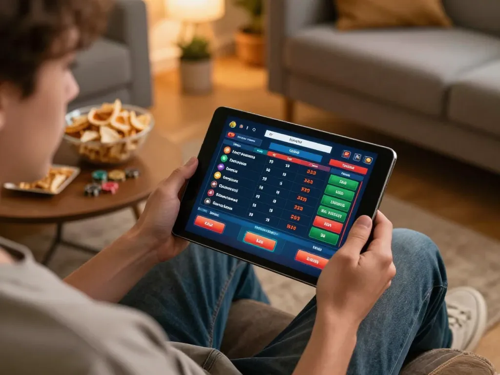 Engaging in sports betting on okwin using a tablet in a cozy home setting with live odds displayed.