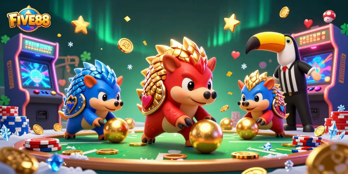 Compete in the vibrant world of FIVE88 as pangolins roll through golden balls amidst poker chips.
