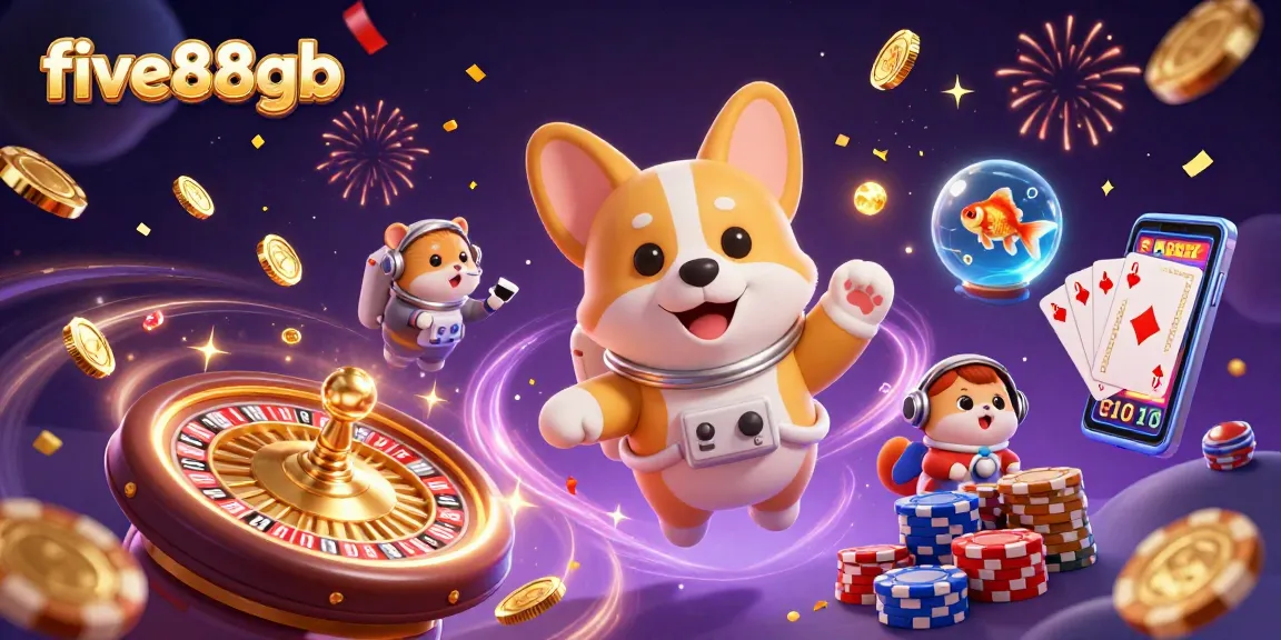 Experience thrilling action at five88gb with a floating astronaut corgi and vibrant casino elements.
