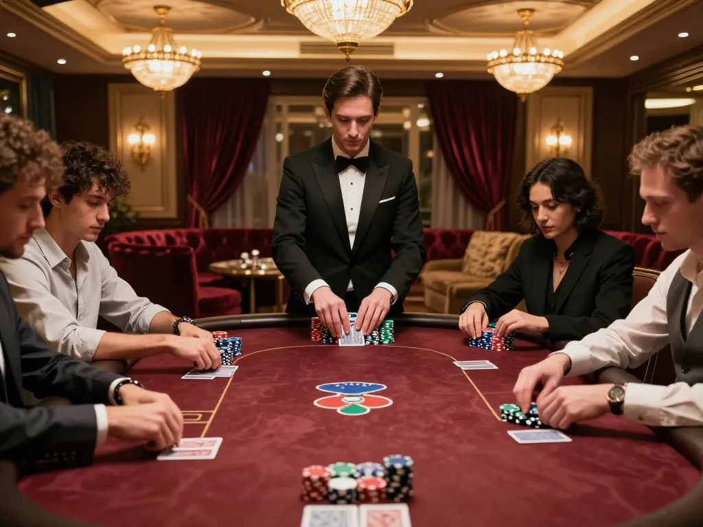 78WINCOM players strategizing intense poker game in luxurious VIP setting.