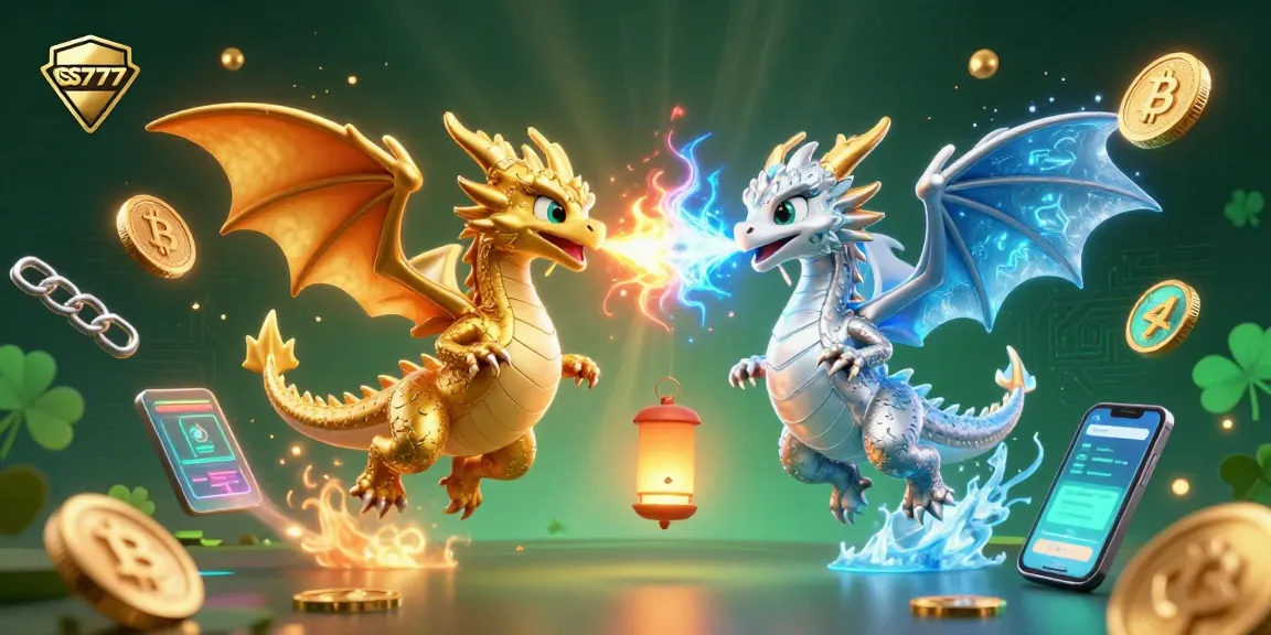 Experience the excitement of SS777 with dynamic dragons and cryptocurrency elements in a vibrant casino environment.