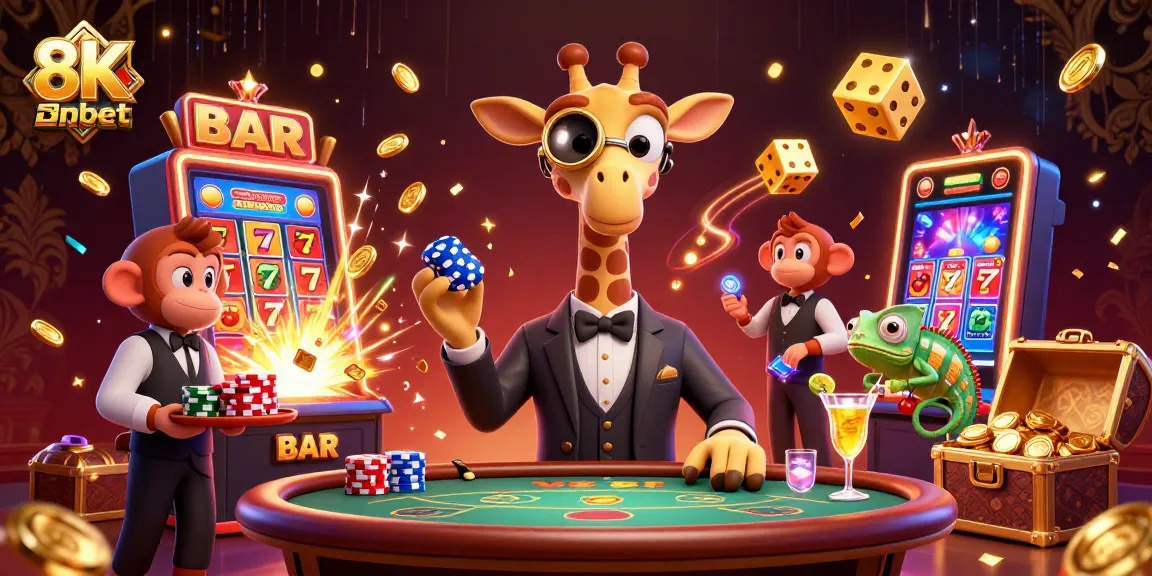 Experience thrilling gaming action at 8xbet's vibrant casino with high-roller characters.
