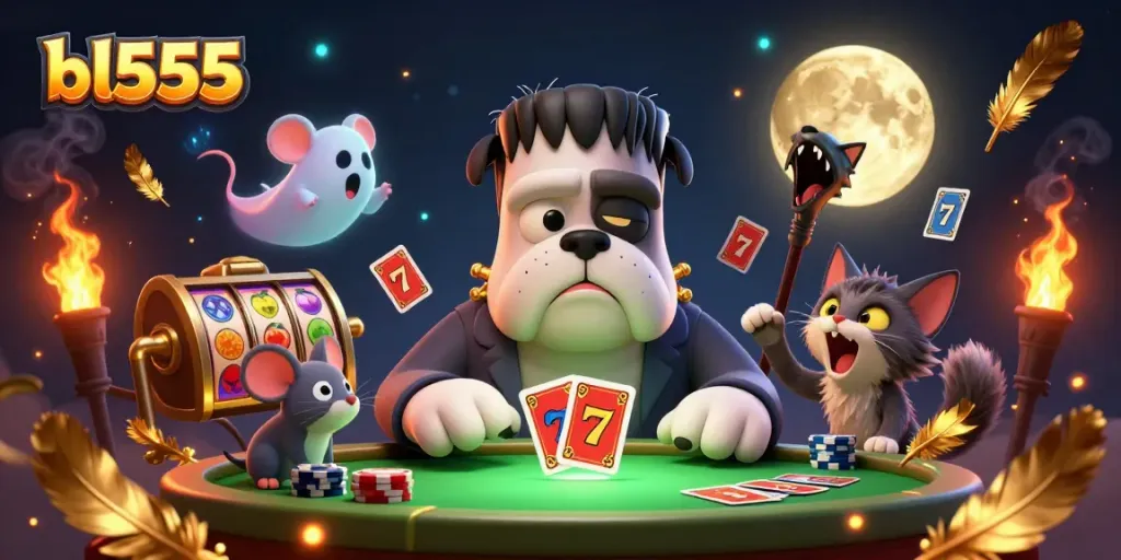Engage in thrilling card games at bl555 with spooky characters in a vibrant casino scene.