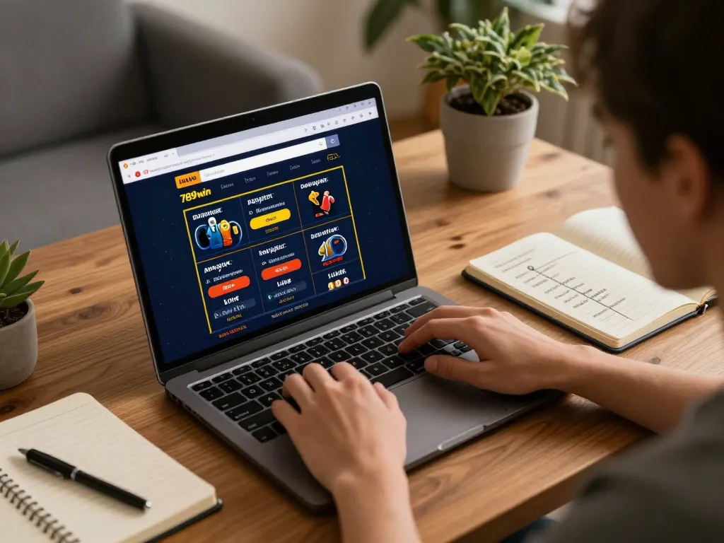 Engaging player accessing 789win link for live dealer game on laptop, demonstrating strategic online gambling.