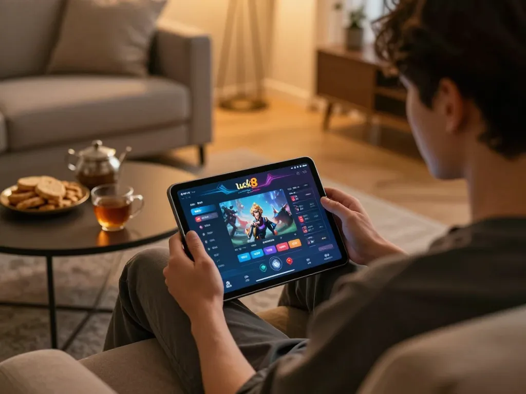 Engaging in online gaming with luck8, showcasing a player enjoying tablet gameplay in a cozy environment.