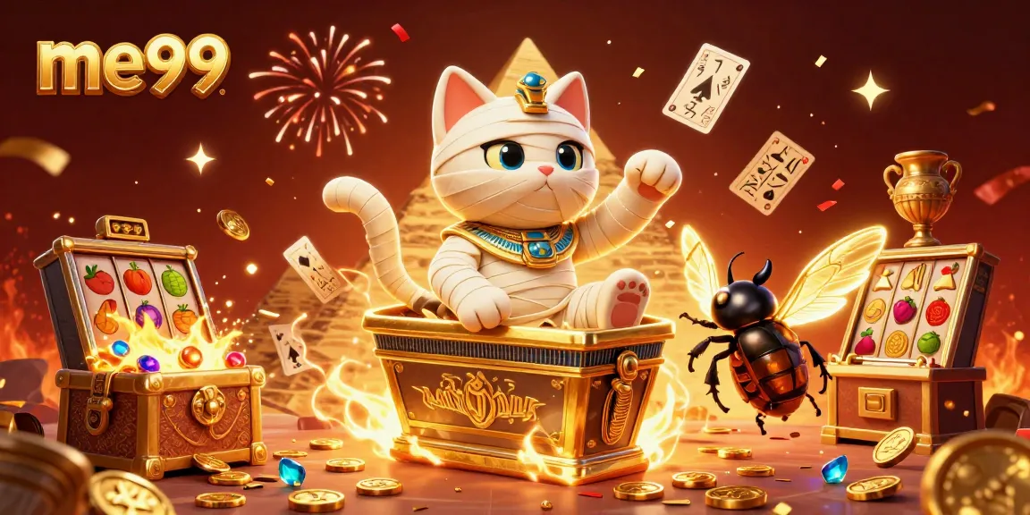Experience immersive gaming at me99 with an exciting mummy cat escaping a golden sarcophagus filled with treasures.