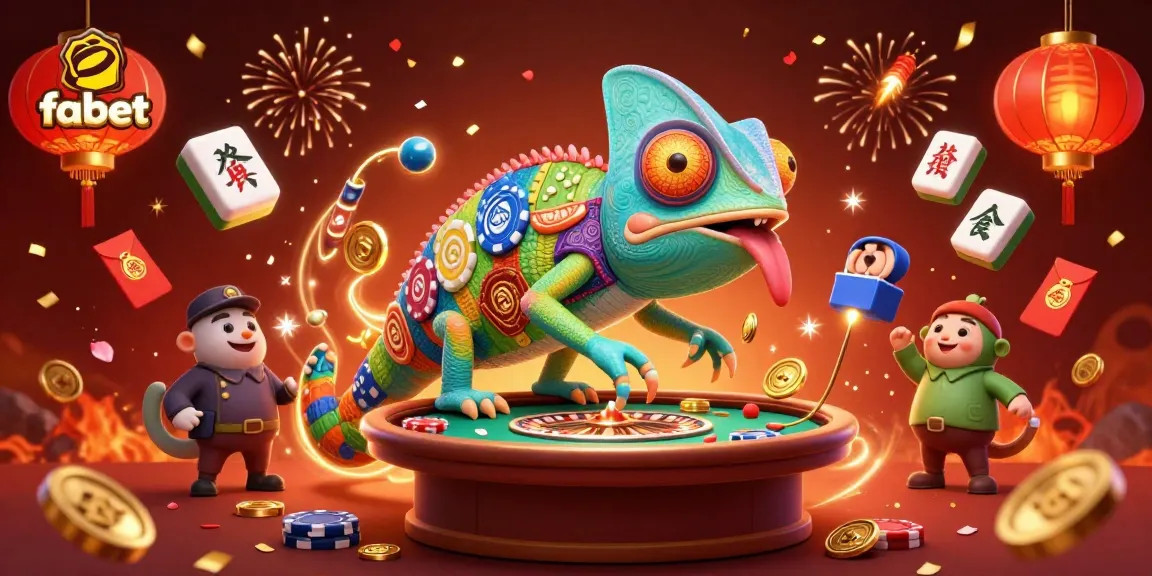 Engage with fabet's casino excitement through this vibrant 3D chameleon character illustration.