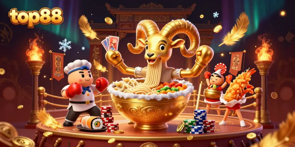 Engage in exhilarating gaming with top88 as a golden ramen bowl dealer and cheering sushi characters.