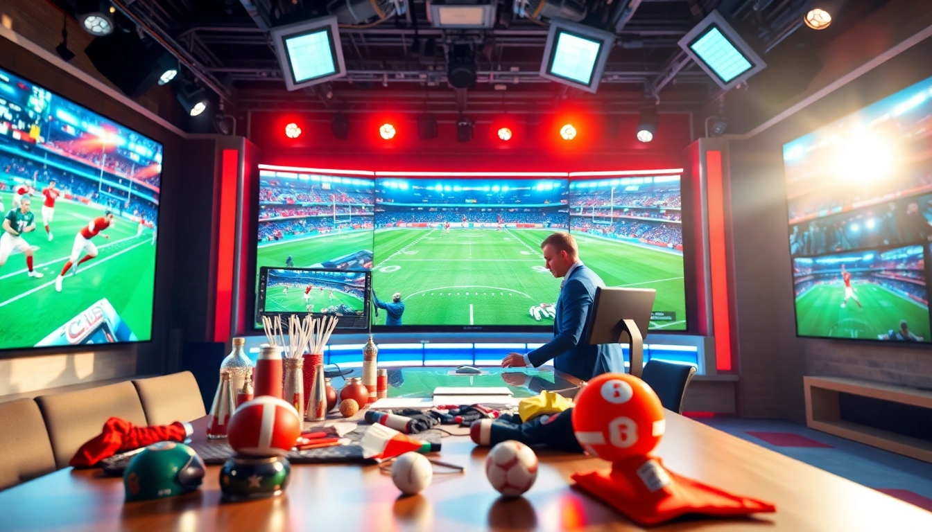 Engaging sports broadcasting studio showcasing vibrant visuals of live sports events.