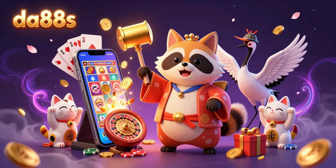 A vibrant 3D casino scene featuring da88s with a cheerful tanuki and fortune cats engaging in dynamic gameplay.