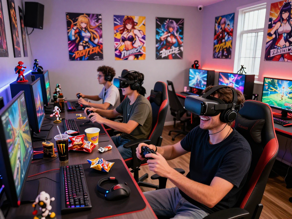 Engaged friends playing a porn game online in a vibrant gaming lounge atmosphere.