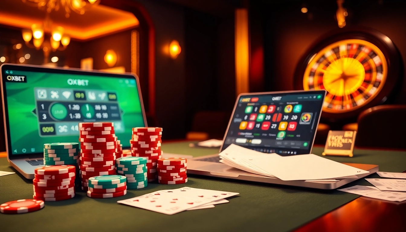 Experience the excitement of online gambling with the Link OXBET scene featuring poker chips, cards, and roulette.
