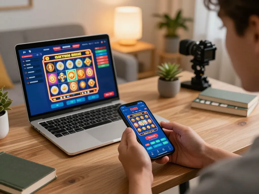 Play Fly88 casino app on smartphone showcasing winning spins in an inviting home office.