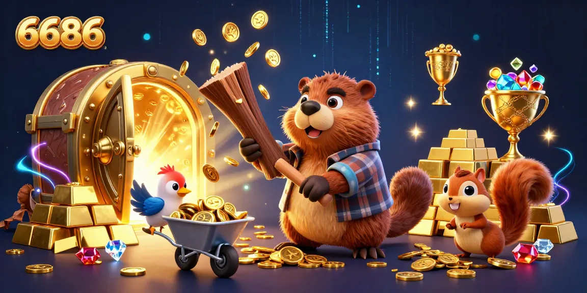 Spin the reels with 6686, where beavers celebrate riches with coins and treasures in a vibrant casino scene.